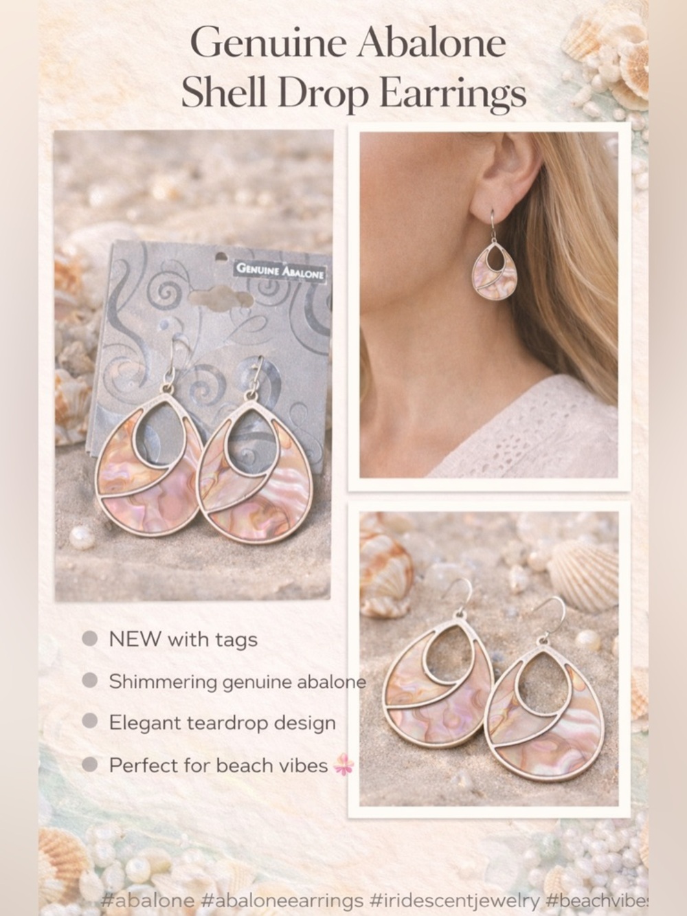 Genuine Abalone Shell Drop Earrings | Iridescent Statement | Silver Tone